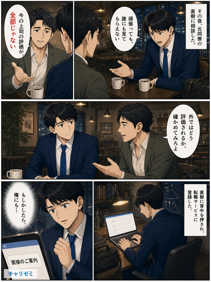 元同僚の直樹へ相談した悠真が、今の上司以外からの評価を確かめるため転職サービスへ登録する