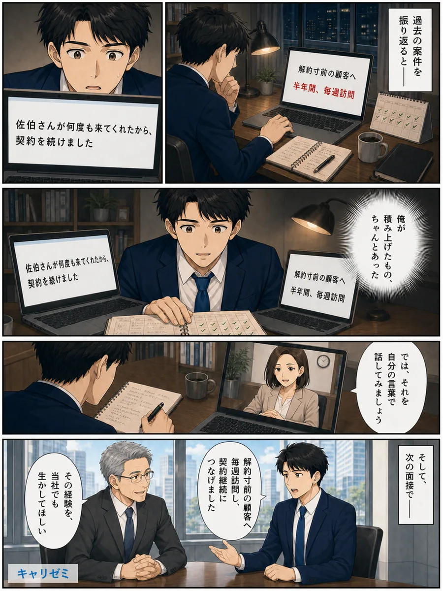 案件記録と顧客メールを見直した悠真が自分の強みを発見し、次の面接で具体的に説明する