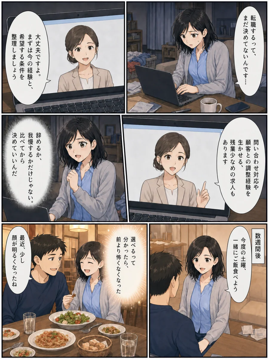 オンライン転職相談で経験と希望条件を整理し、数週間後にパートナーとの食事を楽しむ女性